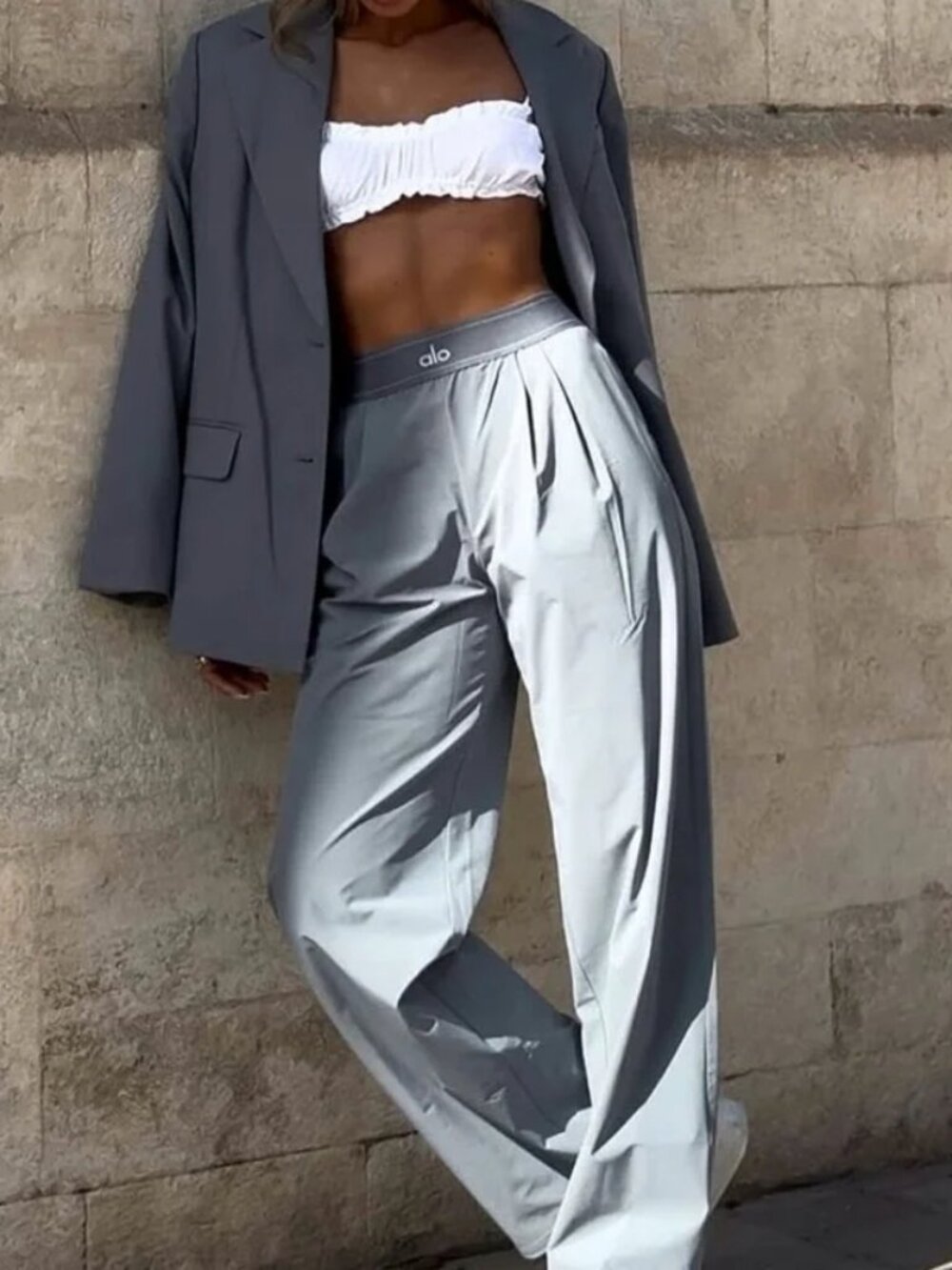 Regular ALO Yoga Steel Grey Minimalist Wide Leg Pants 🤍 High Waist NWT